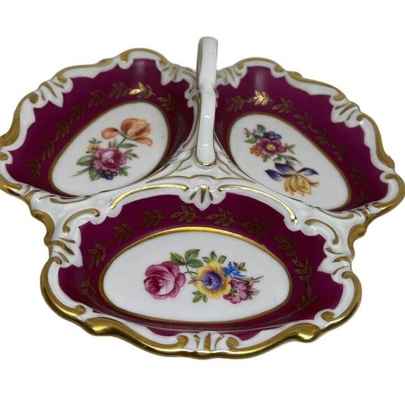 JLMenau Echt Graf Henneberg Floral Divided Relish Candy Dishes VINTAGE Red - Picture 1 of 5